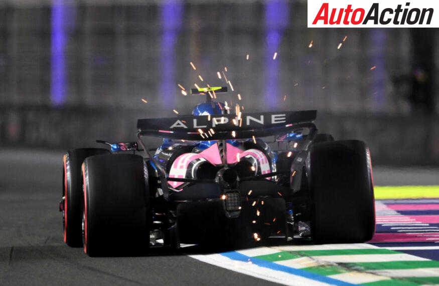 Sparks fly behind Jack Doohan, Alpine F1, on track during qualifying at the Saudi Arabia Grand Prix at the Jeddah Corniche Circuit.