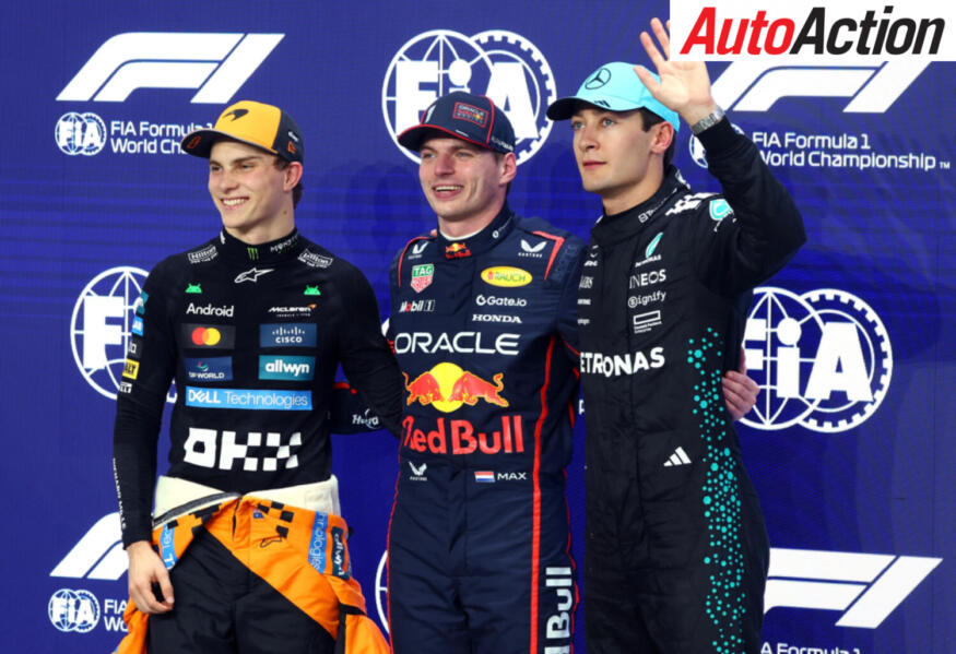 Top three qualifiers Max Verstappen, Oscar Piastri and George Russell pose in parc ferme after Qualifying at the 2025 Saudi Arabian Grand Prix.