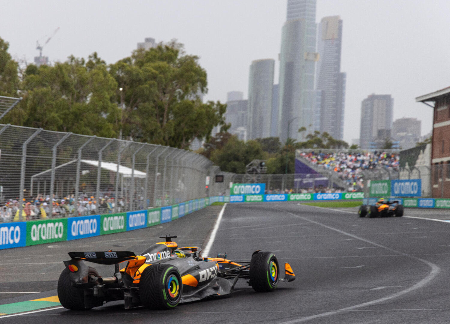The Mclaren rear wing is closely looked at