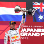 SUZUKA, JAPAN - APRIL 06: Race winner Max Verstappen of the Netherlands and Oracle Red Bull Racing lifts his trophy on the podium during the F1 Grand Prix of Japan at Suzuka Circuit on April 06, 2025 in Suzuka, Japan.