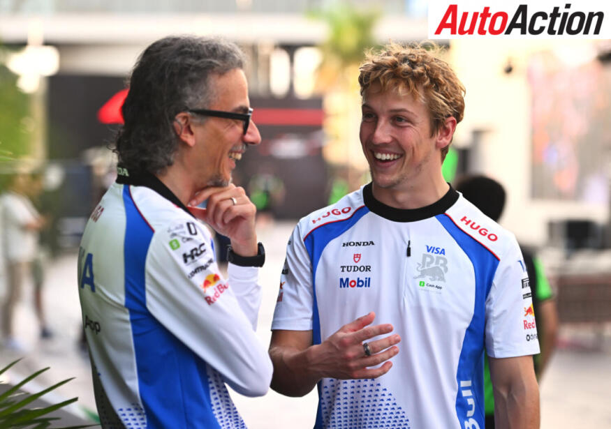 JEDDAH, SAUDI ARABIA - APRIL 17: Laurent Mekies, Team Principal of Visa Cash App Racing Bulls talks with Liam Lawson of New Zealand and Visa Cash App Racing Bulls in the Paddock during previews ahead of the F1 Grand Prix of Saudi Arabia at Jeddah Corniche Circuit on April 17, 2025 in Jeddah, Saudi Arabia. Photo by Rudy Carezzevoli/Getty Images // Getty Images / Red Bull Content Pool