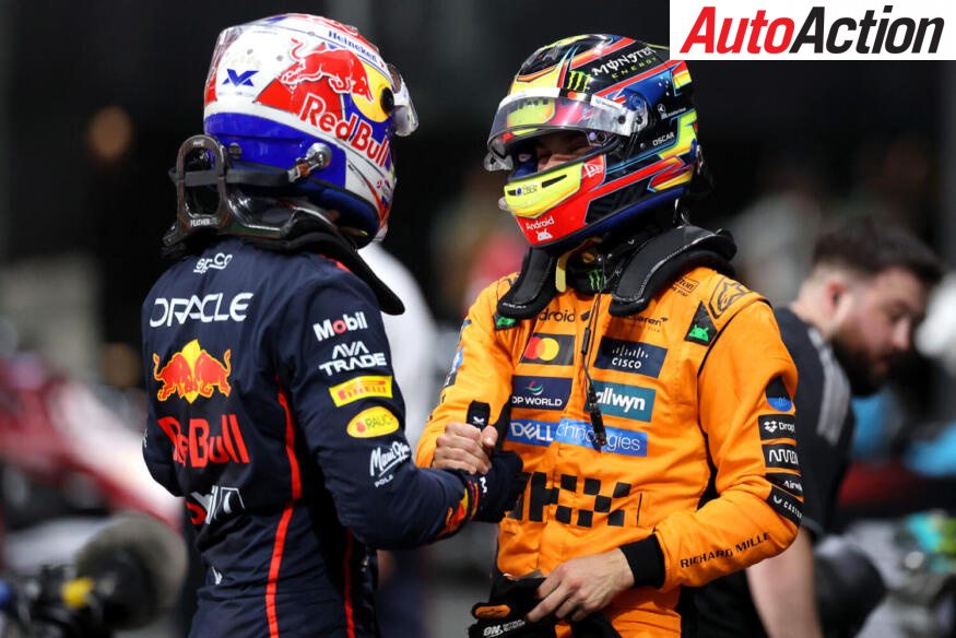 Pole position qualifier Max Verstappen, Oracle Red Bull Racing, and Second placed qualifier Oscar Piastri, McLaren, talk in parc ferme after qualifying at the 2025 Saudi Arabian Grand Prix. Photo by Alex Pantling/Getty Images // Getty Images / Red Bull Content Pool.
