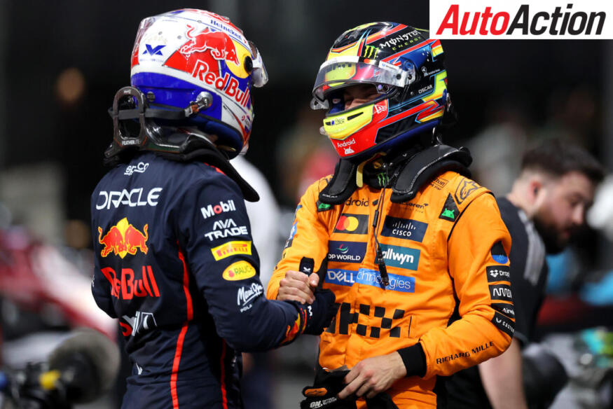 Pole position qualifier Max Verstappen, Oracle Red Bull Racing, and Second placed qualifier Oscar Piastri, McLaren, talk in parc ferme after qualifying at the 2025 Saudi Arabian Grand Prix. Photo by Alex Pantling/Getty Images // Getty Images / Red Bull Content Pool.