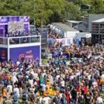 The crown embraces the Supercars podium at the Australian Grand Prix 2025.