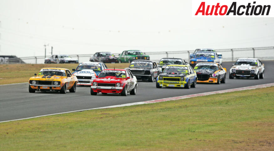 The Touring Car Masters field blasts away for the start of race one -TCM The Bend 2024