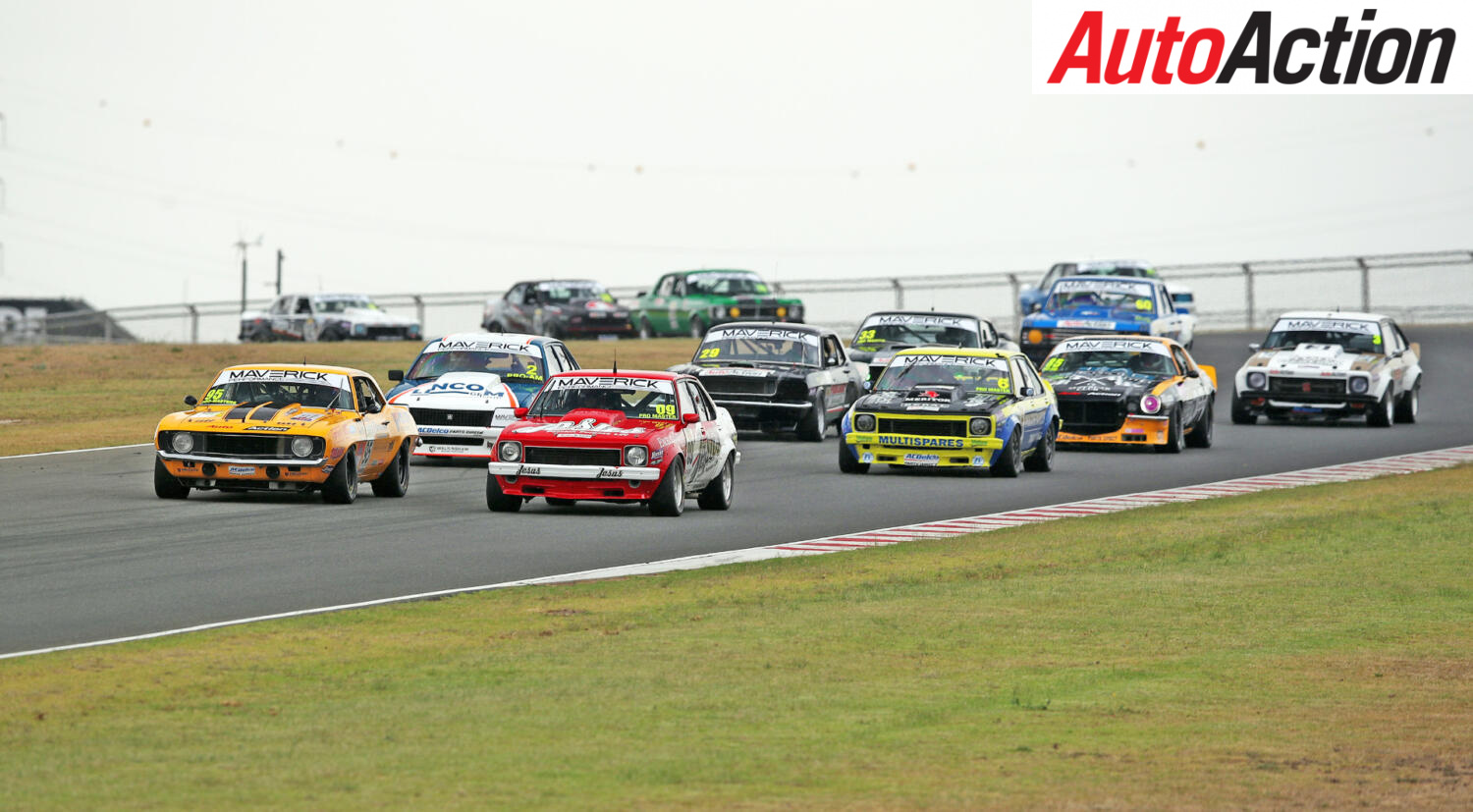 The Touring Car Masters field blasts away for the start of race one -TCM The Bend 2024
